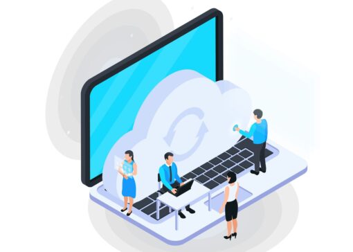 Cloud services isometric composition with image of laptop with small human characters and cloud icon vector illustration