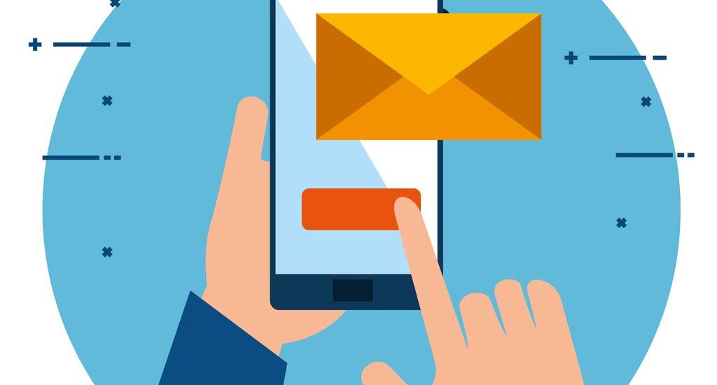 hands using smartphone sending email vector illustration design